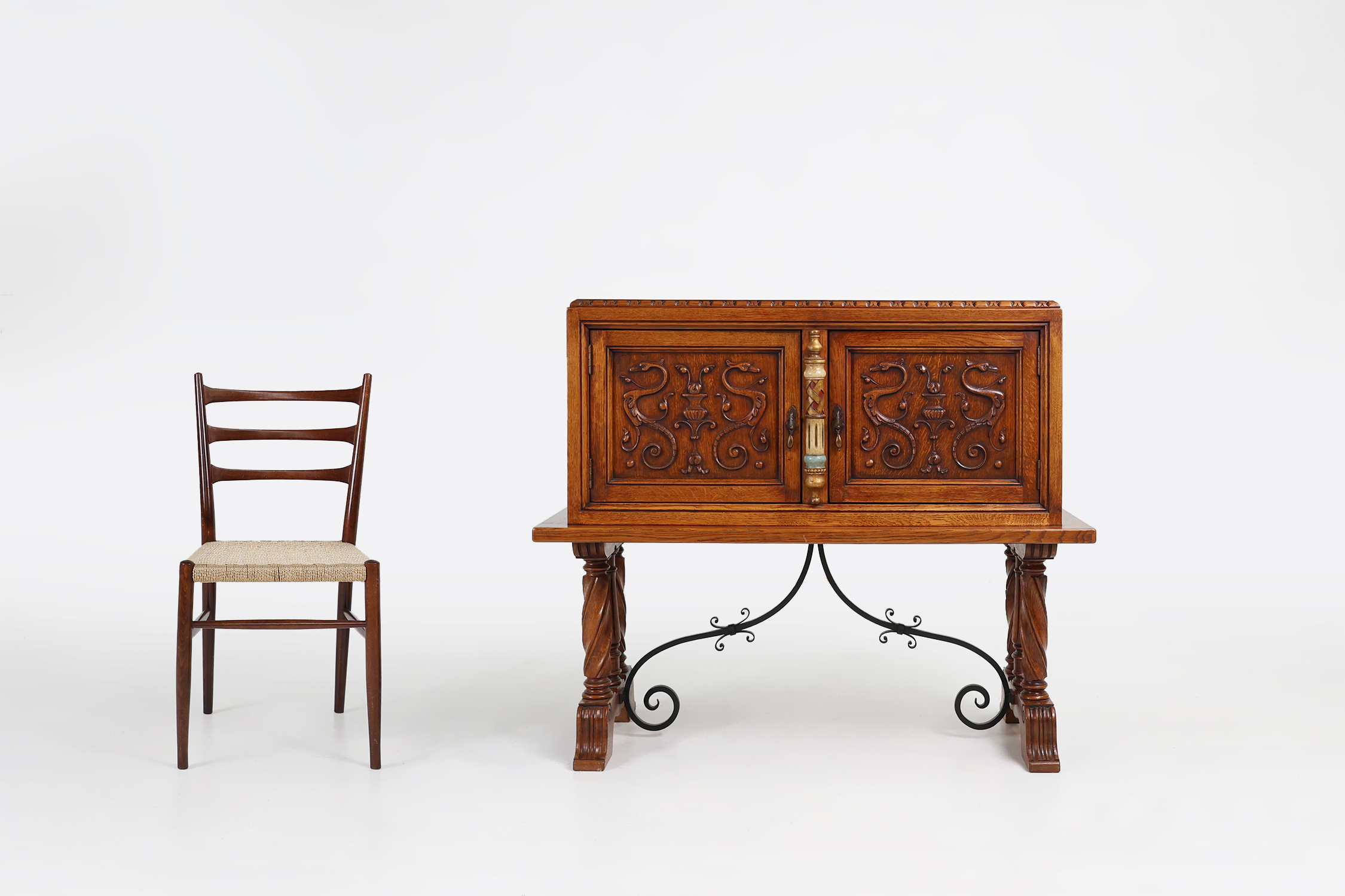 Richly decorated 20th century Spanish bar or cabinet in oak, ca. 1950thumbnail